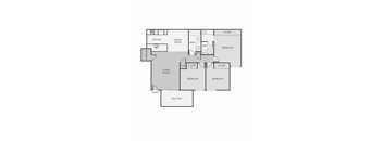 A floor plan of a house with a kitchen, dining room, living room, two bedrooms, a bathroom, a storage area, and a balcony.