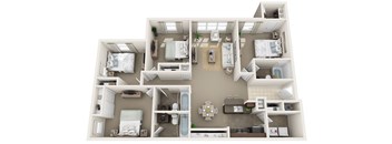 A 3D floor plan of a small apartment with two bedrooms, a living room, and a kitchen.