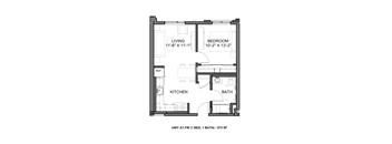A floor plan of a one bedroom apartment with a living room, kitchen, and bathroom.