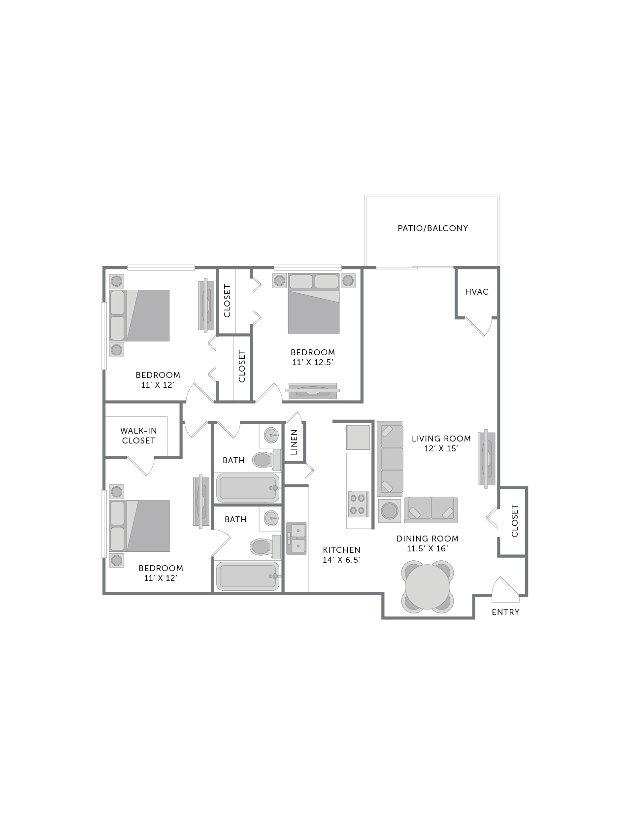 A floor plan of a home with a living room, dining room, kitchen, and three bedrooms.