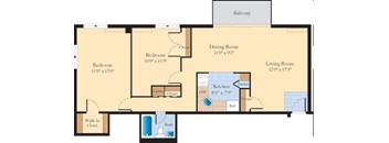 A floor plan of a house with a balcony and four bedrooms.