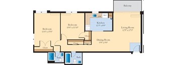 A floor plan of a house with a living room, dining room, kitchen, two bedrooms and two bathrooms.