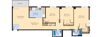 A floor plan of a house with a living room, dining room, kitchen, and three bedrooms.