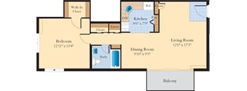 A floor plan of a house with a bedroom, living room, dining room, kitchen, and balcony.