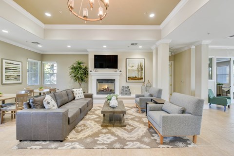 A living room with a grey couch and a fireplace.