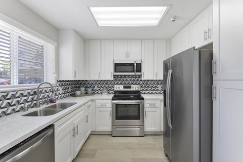 A modern kitchen with white cabinets and stainless steel appliances.