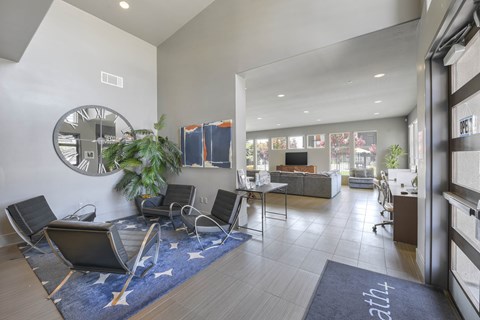 A modern living room with a blue rug and a large mirror on the wall.