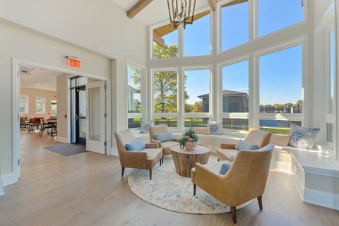 A living room with a brown chair and a rug in the middle of the room.