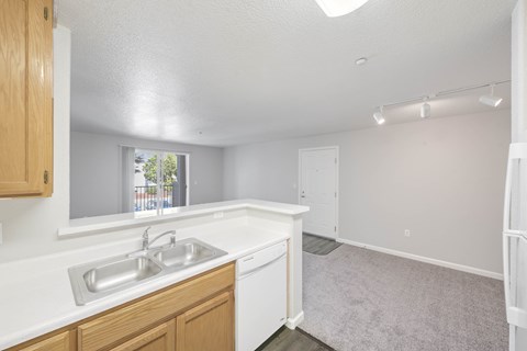A kitchen with a sink and a window.