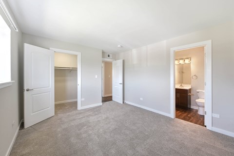 Carpeted bedroom with walk-in closet and ensuite bathroom at Photo Gallery Apartments, Illinois