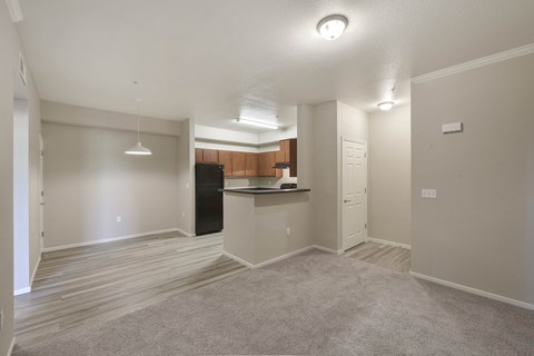 A spacious living room with a kitchenette in the background.