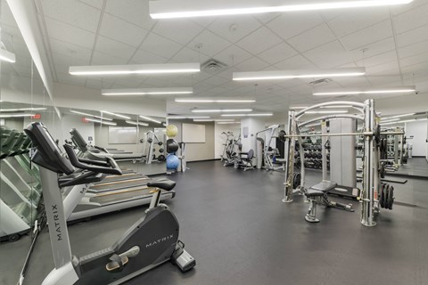 A gym with treadmills, exercise bikes, and weight machines.