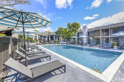 A pool area with sun loungers and umbrellas.