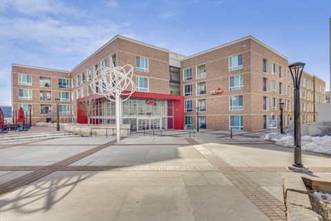 Exterior View With Architectural Details at Depot Square Apartments, Boulder, Colorado