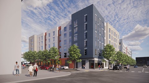 A street view of a city with people walking and cars driving at Elora Apartments, El Cerrito, 94530