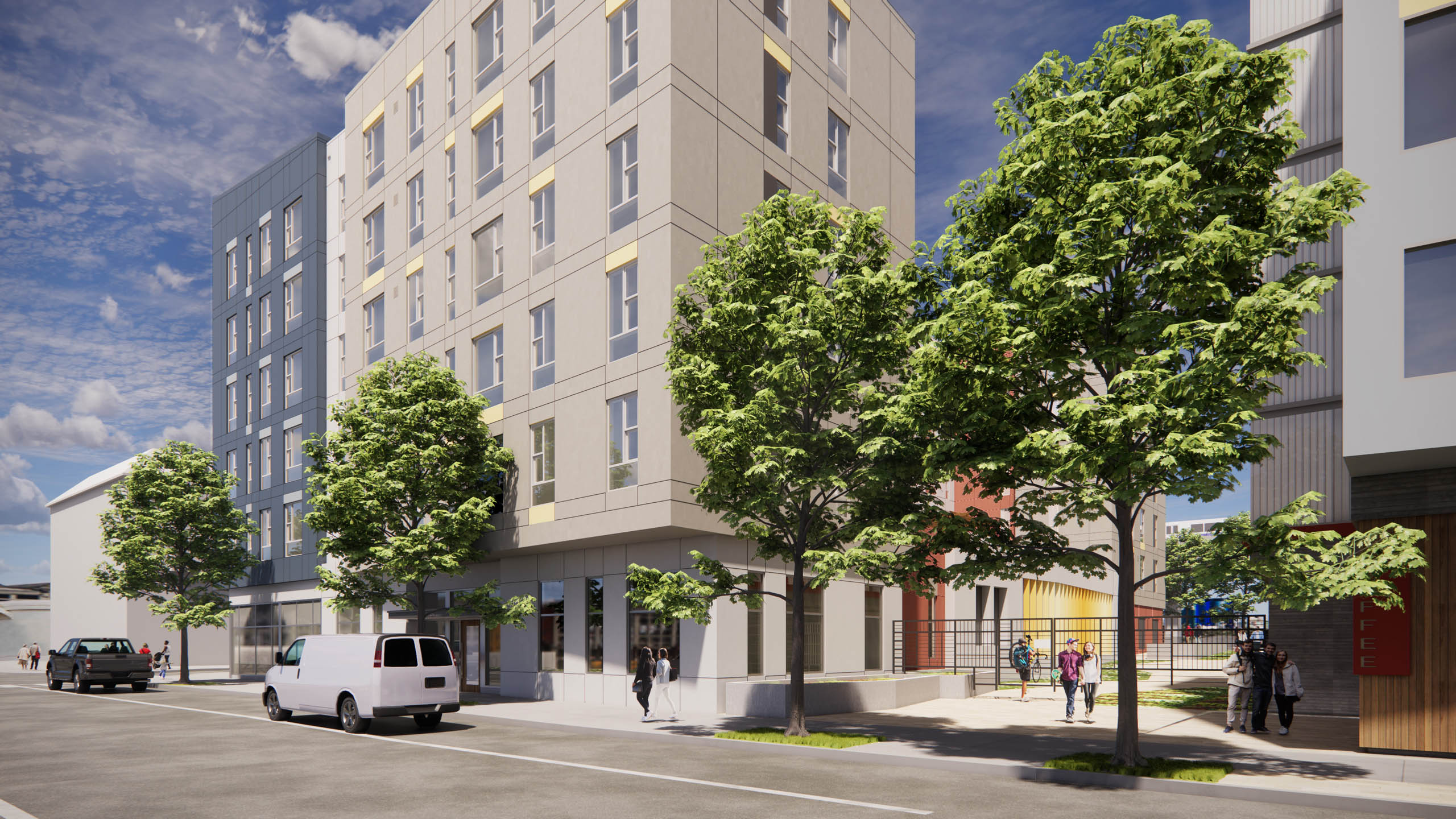 A street view of a modern building with a white van parked in front at Elora Apartments, El Cerrito, CA