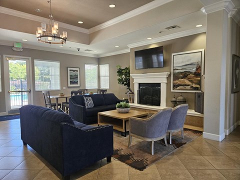 A living room with a fireplace and a television.
