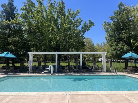 Swimming pool with pergola and lounge seating at Renwick Square Apartments, California, 95758