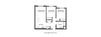 A black and white image of a floor plan for a unit with two bedrooms, one bathroom, and a kitchen.