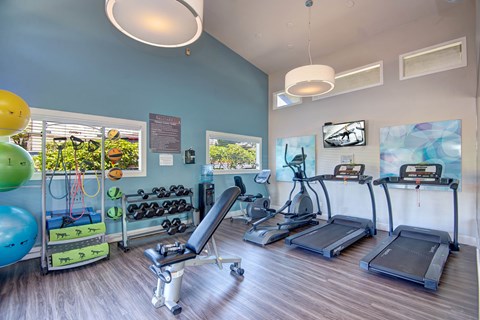 Fitness room with exercise equipment and colorful artwork at Latitude Apartments, Everett
