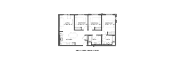A drawing of a floor plan for a unit with three bedrooms, two bathrooms, a kitchen, and a living room.