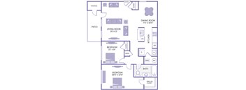 A floor plan of a house with a living room, two bedrooms, a patio, a dining room, a kitchen, a bathroom, and a walk-in closet.