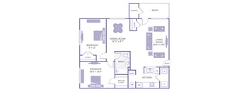 A floor plan of a house with a dining room, living room, kitchen, and two bedrooms.