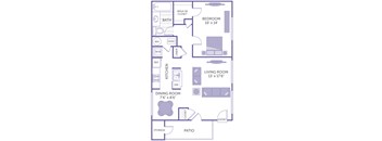 A floor plan of a home with a bedroom, living room, dining room, kitchen, and bathroom.