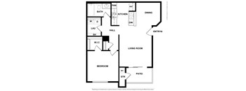 A black and white floor plan of a house with a living room, dining room, kitchen, bathroom, bedroom, and patio.