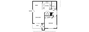 A floor plan of a house with a living room, dining room, kitchen, and bathroom.