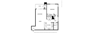 A black and white floor plan of a home with a living room, dining room, kitchen, two bedrooms, a hall, and a closet.