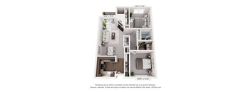 A 109" x 118" floor plan of a two-bedroom apartment.