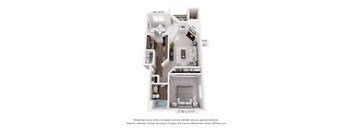 A 3D floor plan of a small apartment with a kitchen, living room, and bathroom.