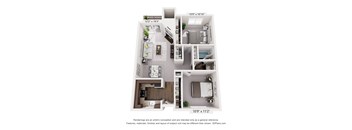 A 3D floor plan of a small apartment with a kitchen, living room, and bedroom.