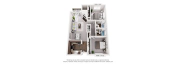 A floor plan of a two-bedroom apartment with dimensions and a disclaimer.