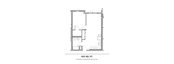 A floor plan of a 622 square foot room with a kitchen, living room, and bathroom.