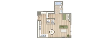 A floor plan of a house with a kitchen, living room, dining room, and bathroom.