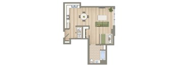 A floor plan of a house with a kitchen, living room, and bathroom.