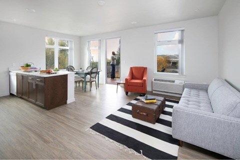 A living room with a grey couch, a brown cabinet, and a striped rug.
