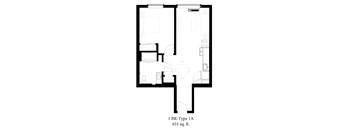 A black and white image of a floor plan for a 1 BR-Type 1A apartment sized 651 sq.ft.