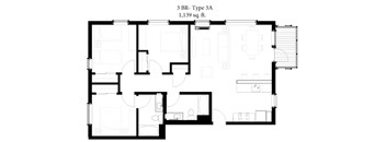 A black and white image of a 3 bedroom, 3 bathroom apartment.