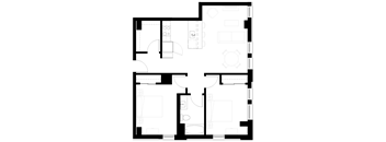 A black and white image of a floor plan with various rooms and spaces.