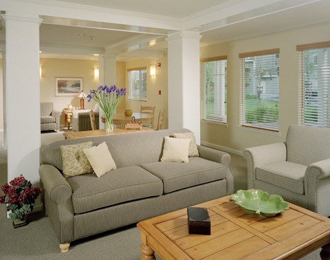 A living room with a grey couch, a wooden table, and a green bowl on it.