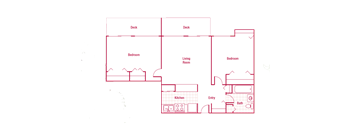 A floor plan of a house with labeled rooms including a kitchen, bath, and two bedrooms.