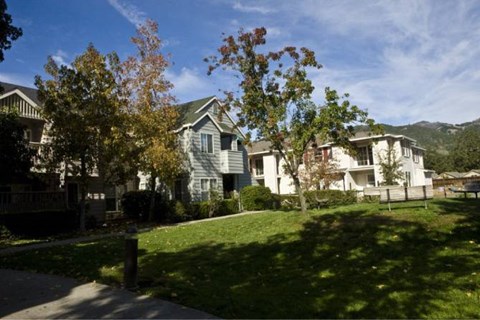 A row of houses with green lawns and trees in front.