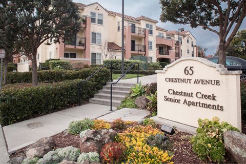 A sign for Chestnut Avenue Senior Apartments is in front of a building.