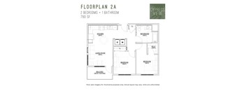 A floor plan for a 2A apartment with 2 bedrooms and 1 bathroom.