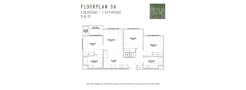 A floor plan for a 3A apartment with 3 bedrooms and 2 bathrooms.