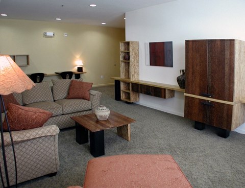A living room with a grey couch, a brown coffee table, and a red rug.