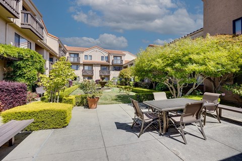 A patio with a table and chairs is surrounded by green plants and trees.